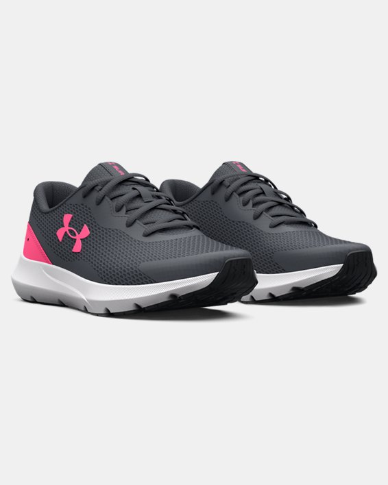 Girls' Grade School UA Surge 3 Running Shoes, Gray, pdpMainDesktop image number 3